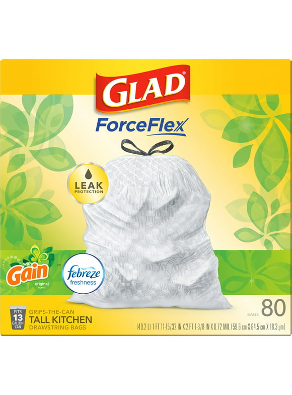 #72 | Glad ForceFlex Tall Kitchen Trash Bags, 13 Gallon, 80 Bags (Gain Original Scent, Febreze Freshness)