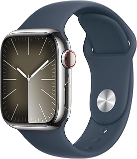 Apple Watch Series 9 [GPS + Cellular 41mm] Smartwatch with Silver Stainless Steel Case with Storm Blue Sport Band M/L. Fitness Tracker, Blood Oxygen &amp; ECG Apps, Always-On Retina Dis