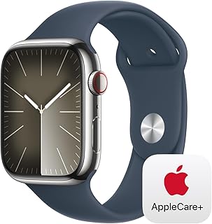 Apple Watch Series 9 [GPS + Cellular 45mm] Smartwatch with Silver Stainless Steel Case with Storm Blue Sport Band M/L with AppleCare+ (2 Years)