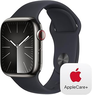 Apple Watch Series 9 [GPS + Cellular 41mm] Smartwatch with Graphite Stainless Steel Case with Midnight Sport Band S/M with AppleCare+ (2 Years)