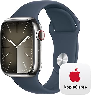 Apple Watch Series 9 [GPS + Cellular 41mm] Smartwatch with Silver Stainless Steel Case with Storm Blue Sport Band M/L with AppleCare+ (2 Years)