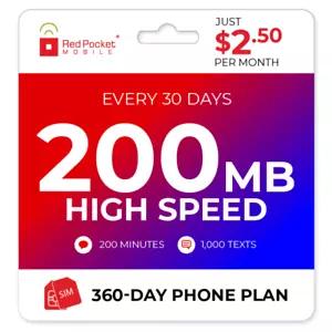 [28383 sold]$2.50/Mo Red Pocket Prepaid Plan: 200 Talk 1000 Text 200MB