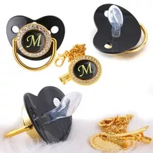 [6563 sold]:Black Bling Baby Pacifier And Clip Alphabet Letter M Infant Pacifier Gold Letter Unique Name Initials Baby Shower Gift