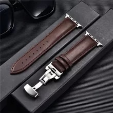 [5742 sold]:Genuine Leather Watch Straps for Apple Watch 8 7 6 SE 5 4 3 Butterfly Buckle Watchband 38mm 40mm 41mm 42mm 44mm 45mm for iwatch