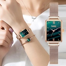 [5090 sold]:Gaiety Brand Women Watches Fashion Square Ladies Quartz Watch Bracelet Set Green Dial Simple Rose Gold Mesh Luxury Women Watches