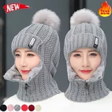 [7199 sold]:Women Wool Knitted Hat Ski Hat Sets Windproof Winter Outdoor Knit Thick Siamese Scarf Collar Warm Keep Face Warmer Beanies Hat