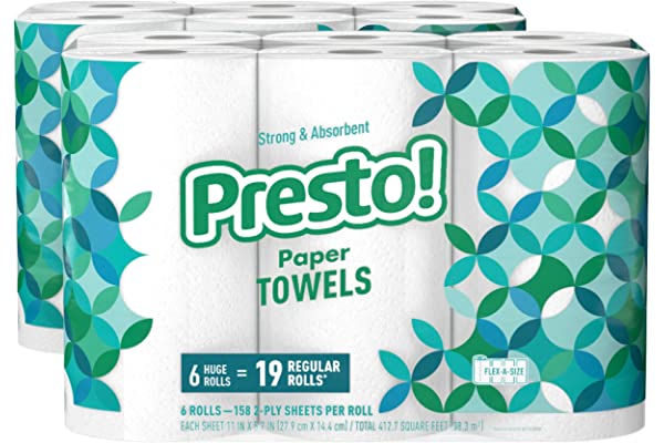 #49 | Amazon Brand - Presto! Flex-a-Size Paper Towels, 158-Sheet Huge Roll, 6 Count (Pack of 2), 12 Huge Rolls = 38 Regular Rolls