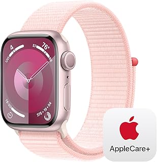 Apple Watch Series 9 [GPS 41mm] Smartwatch with Pink Aluminum Case with Light Pink Sport Loop One Size. with AppleCare+ (2 Years)