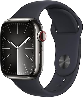 Apple Watch Series 9 [GPS + Cellular 41mm] Smartwatch with Graphite Stainless Steel Case with Midnight Sport Band S/M. Fitness Tracker, Blood Oxygen &amp; ECG Apps, Always-On Retina Dis