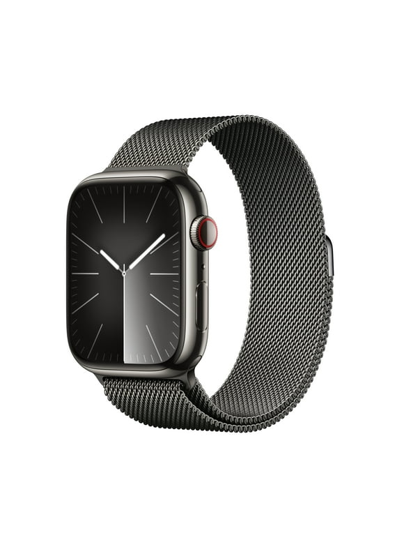 Apple Watch Series 9 With Blood Oxygen. GPS + Cellular 45mm Graphite Stainless Steel Case with Graphite Milanese Loop.