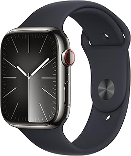 Apple Watch Series 9 [GPS + Cellular 45mm] Smartwatch with Graphite Stainless Steel Case with Midnight Sport Band M/L. Fitness Tracker, Blood Oxygen &amp; ECG Apps, Always-On Retina Dis