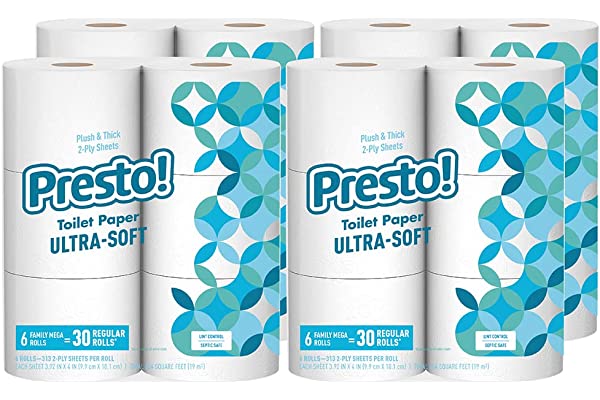 #43 | Amazon Brand - Presto! 313-Sheet Mega Roll Toilet Paper, Ultra-Soft, 6 Count (Pack of 4), 24 Family Mega Rolls = 120 regular rolls