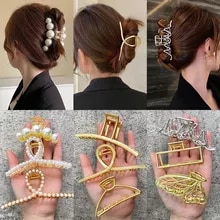 [12610 sold]:Pearl Hair Claw Set Clip for Women Gold Color Hairpins Metal Hair Accessories Geometric Hollow Pincer Barrette Crystal Clip Big