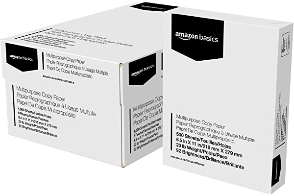 #7 | Amazon Basics Multipurpose Copy Printer Paper, 8.5 x 11 Inch 20Lb Paper - 8 Ream Case (4,000 Sheets), 92 GE Bright White