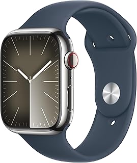 Apple Watch Series 9 [GPS + Cellular 45mm] Smartwatch with Silver Stainless Steel Case with Storm Blue Sport Band M/L. Fitness Tracker, Blood Oxygen &amp; ECG Apps, Always-On Retina Dis