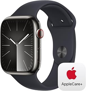 Apple Watch Series 9 [GPS + Cellular 45mm] Smartwatch with Graphite Stainless Steel Case with Midnight Sport Band M/L with AppleCare+ (2 Years)