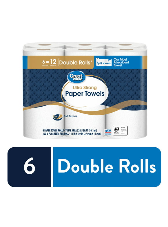 #9 | Great Value Ultra Strong Paper Towels, Split Sheets, 6 Double Rolls