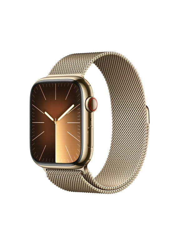 Apple Watch Series 9 With Blood Oxygen. GPS + Cellular 45mm Gold Stainless Steel Case with Gold Milanese Loop.